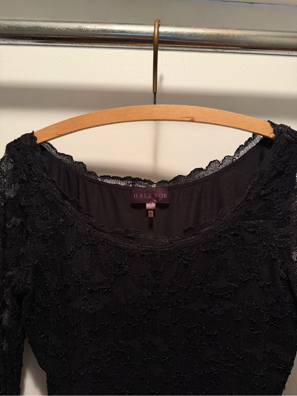 Hale Bob Black Long-Sleeve Lace Scoop Neck Top - Picture 2 of 4